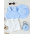 thumbnail image 2 of Suealasg 3Pcs Kids Girls Summer Outfits Set 3T 4T 5T 6T 7T 8T Big Girls Stripe Turn-Down Collar Shirts Sleeveless Tank Tops Bowknot Shorts Sun Hat Child Girls Beach Party Clothes, 2 of 7