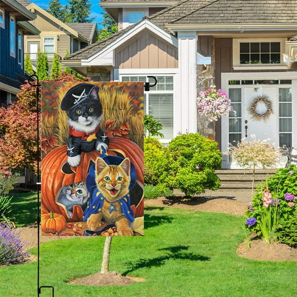 WawoComplete Welcome Garden Flag for Outdoor Indoor, Cartoon Cat & Pumpkin Pattern House Flag Small Banner Yard Hanging On Signs