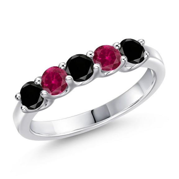 Gem Stone King 925 Sterling Silver Black Diamond and Red Created Ruby Wedding-Bands Ring for Women | 1.01 Cttw | Round 3.5MM | Gemstone April Birthstone | Size 7