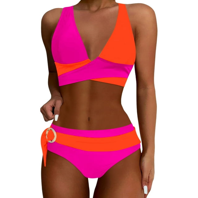 JAKANYQ Women High Waisted Bikini Sets Swimsuits Color Block Two Piece Drawstring Bathing Suit Slimming Figure-Enhancing Swimwear, M