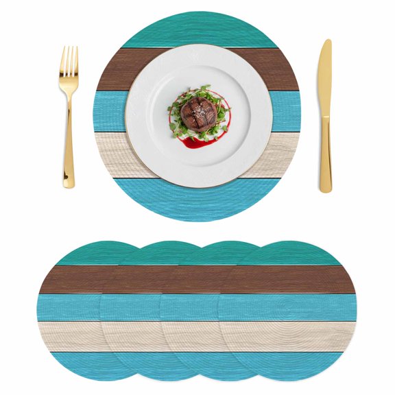 Teal Blue Brown Round 13 Inch Placemats Set of 4, Retro Farmhouse Gradient Wood HeatResistant Non Slip Place Mats for Dining Table, Wipeable Braided Kitchen Table Mats for Housewarming