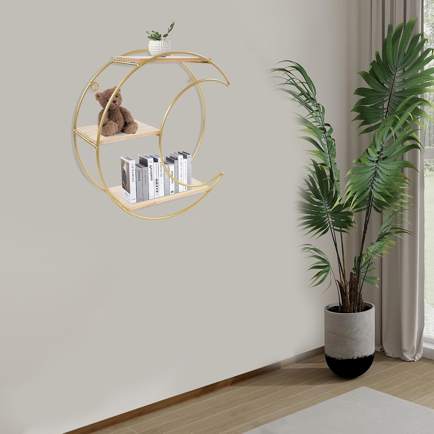 Floating Shelves for Wall - 3 Tier Decorative Geometric Circle Metal and Wood Decorative Wall Shelves, Bathroom Shelf Round Decor