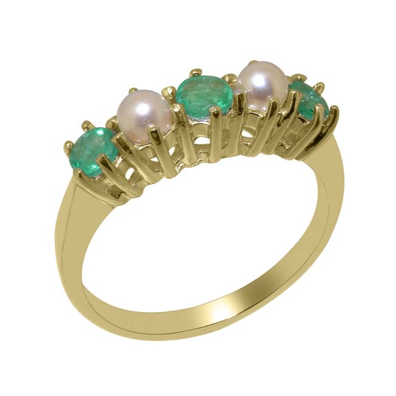 LBG British Made 10k Yellow Gold Natural Emerald & Cultured Pearl Ladies Eternity Ring - 33 size options - Size 10