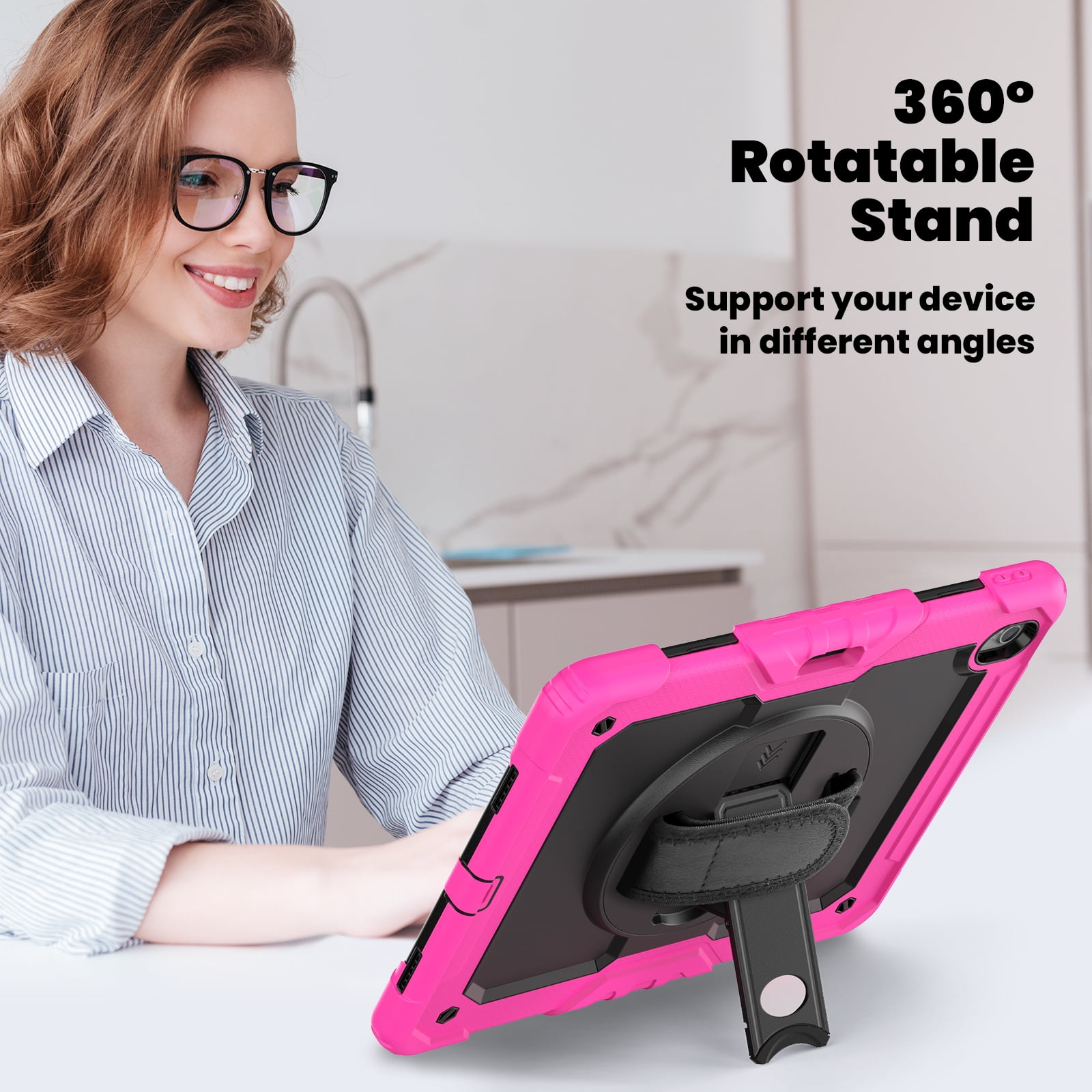 Allytechgroup iPad Pro 13 2024 Case with Screen Protector / Shoulder Strap/ Pencil Holder, Heavy Duty Shockproof Rugged Handle Kickstand Bumper Case Cover for Apple iPad Pro 13 Inch 2024 M4,Rose