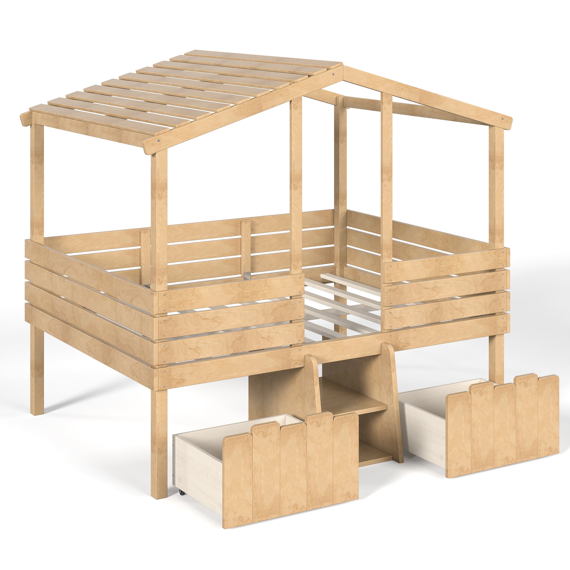 Leumius Full House Loft Bed with Cute Stairs and 2 Storage Drawers, Farmhouse Low Loft Bed with House Shaped Roof, Childlike and No Box Spring Needed Design Natural