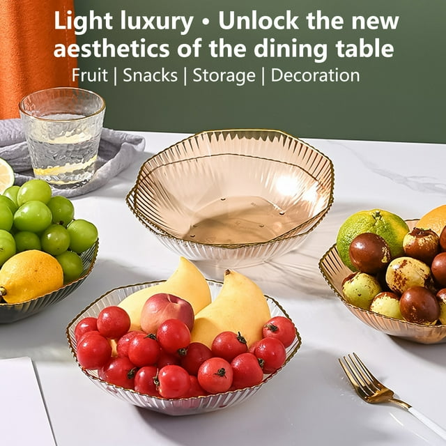 Hesroicy Fruit Bowl Transparent Golden Edge Large Capacity Food Grade Wide Mouth Snack Candy Orange Food Dish Plate Kitchen Supplies
