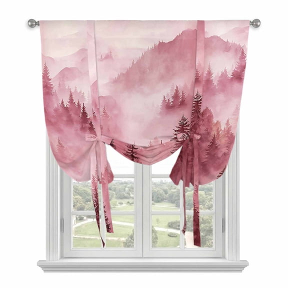 Pink Mountain Balloon Curtains for Living Room/French Door, Misty Forest Nature Woodland Pine Tree Landscape Tie Up Curtains 63 Inch Length Energy Saving Kitchen Curtains Shades for Windows 42"x63"