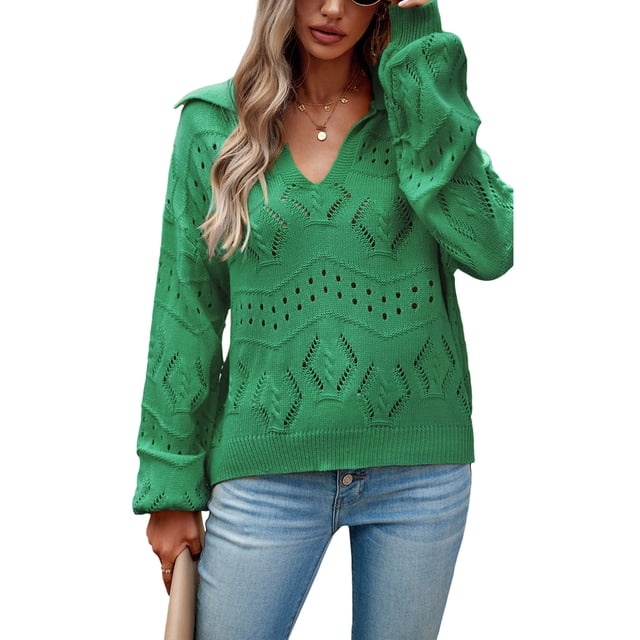 ZAXARRA Women's Fall Basic Knit Sweaters Knitwear Solid Color Jacquard Eyelet V-Neck Lantern Long Sleeve Tops