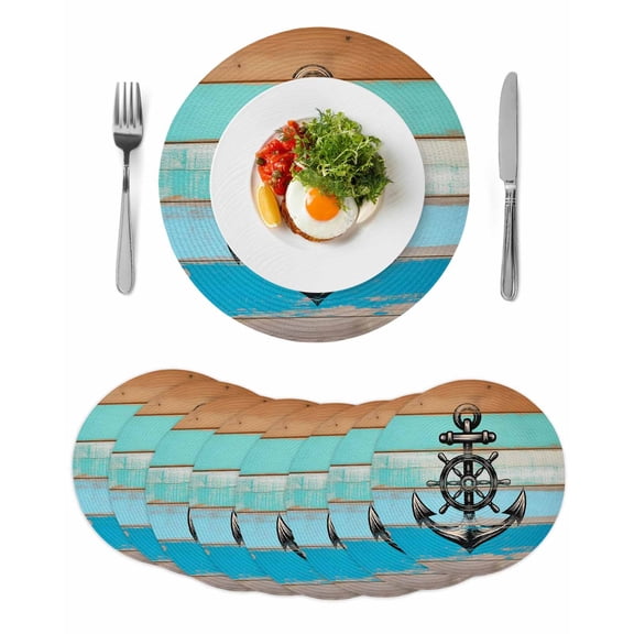 Nautical Anchor Round 15 Inch Placemats Set of 8, Retro Blue Brown Wooden Boards Farmhouse HeatResistant Non Slip Place Mats for Dining Table, Wipeable Braided Kitchen Table Mats for Housewarming