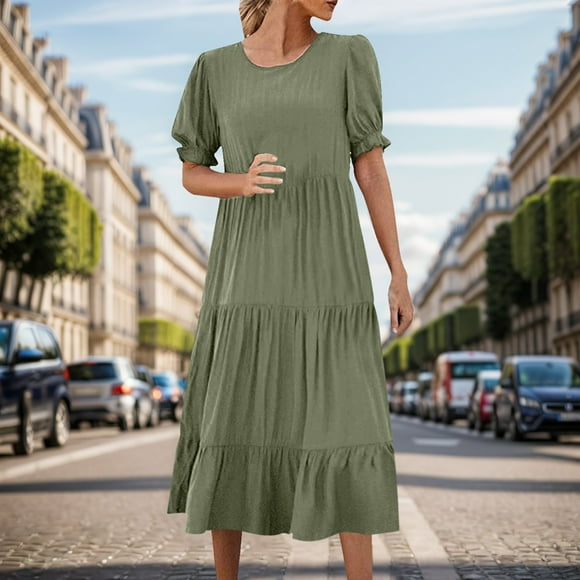 WILLBEST Ruched Dress Womens Summer Ruffle Puff Sleeve High Waist Midi Casual Boho Dress