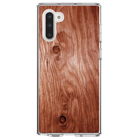 DistinctInk Clear Shockproof Hybrid Case for Samsung Galaxy Note 10 (6.3" Screen) - TPU Bumper, Acrylic Back, Tempered Glass Screen Protector - Orange Weathered Wood Grain Print - Printed Wood Image