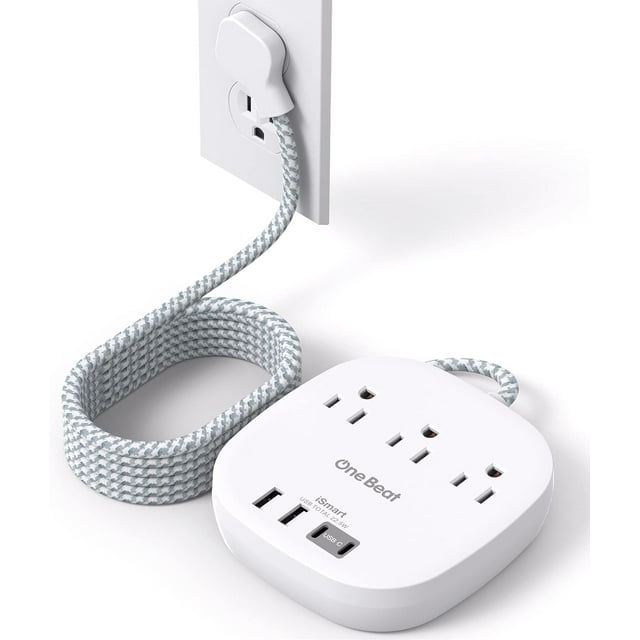 Regleta de enchufe plano, cable de extensión plano de 5 pies - 3 salidas 4 puertos USB (2 USB C) Estación de carga de escritorio de 22,5 W/4,5 A, regleta sin protección contra sobretensiones para cruc