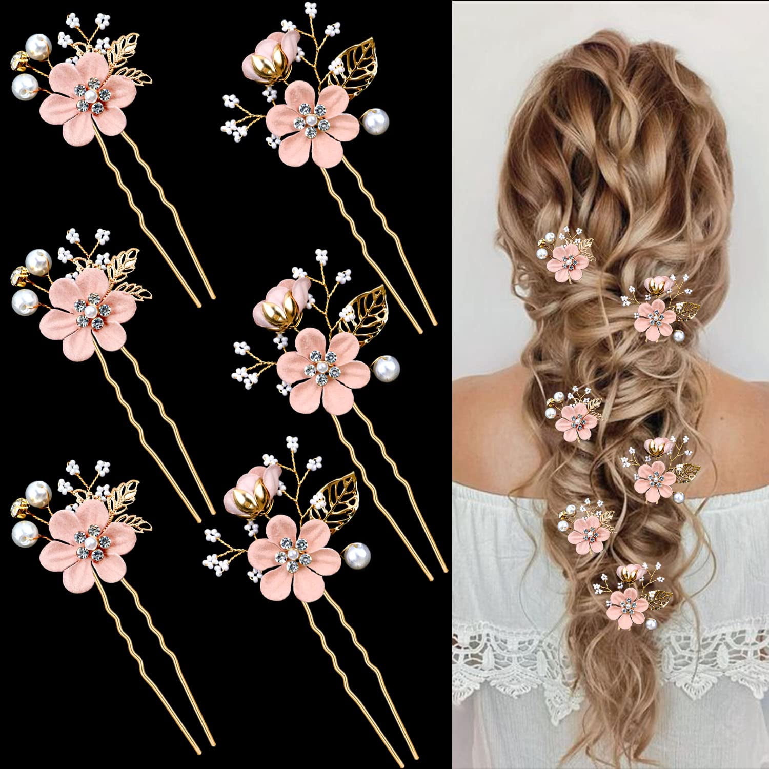 6 Pcs Bridal Flower Wedding Hair Pins Crystal Pearl Hair Pins Clips Headpiece Gold Wedding Hair Accessories Jewelry with Rhinestone for Brides Bridesmaids Women Girls Updo (Romantic Lilac Purple)