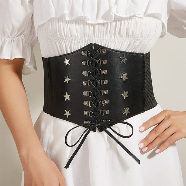 Visland Waist Belt Adjustable Tight Star Decor Strap Wide Band Figure  Shaping Lace Up Faux Leather Waist Cincher Corset Clothes Accessory 