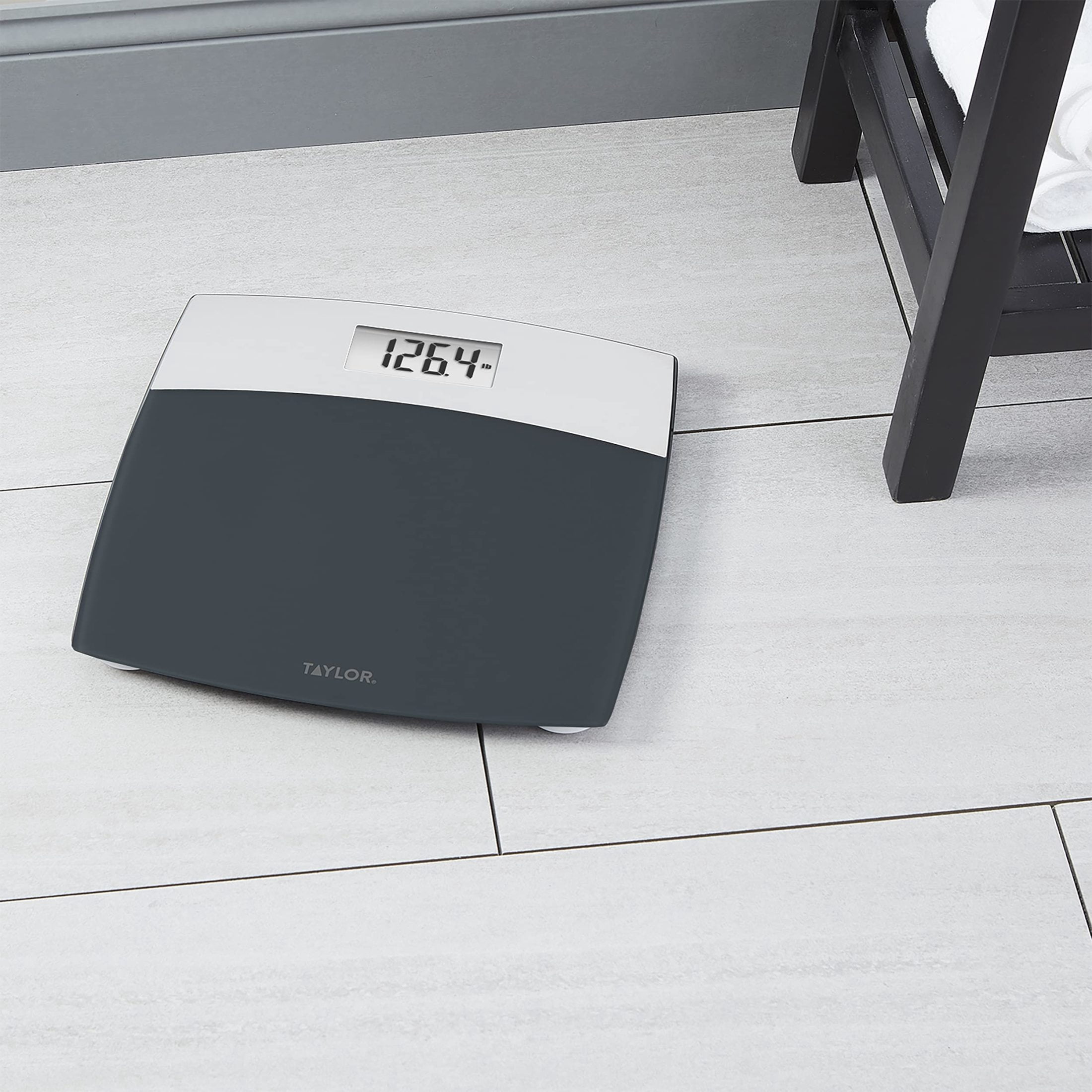 Taylor Precision Products Digital Bathroom Scale – 12.4" Tempered Glass Platform, 440 lb Capacity Body Weight Monitor with White Backlit Display & Precision Sensors for Accurate Readings (Grey)