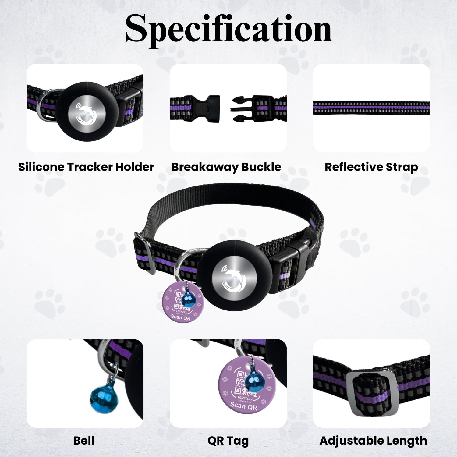 Smart Pet Collar with Built-in Bluetooth Tracker for Cats & Dogs, Works with iOS Devices, Adjustable, Lightweight, GPS Locator for Pets- Purple