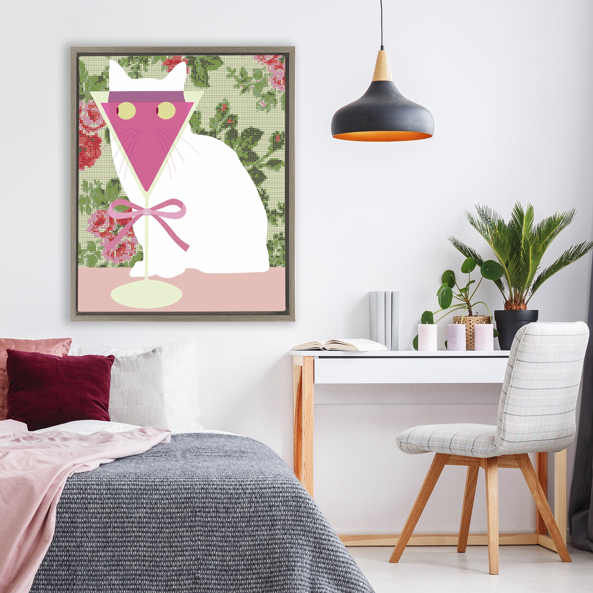 Stupell Industries White Cat with Pink Martini Brown Framed Floater Canvas Wall Art, design by Lil' Rue