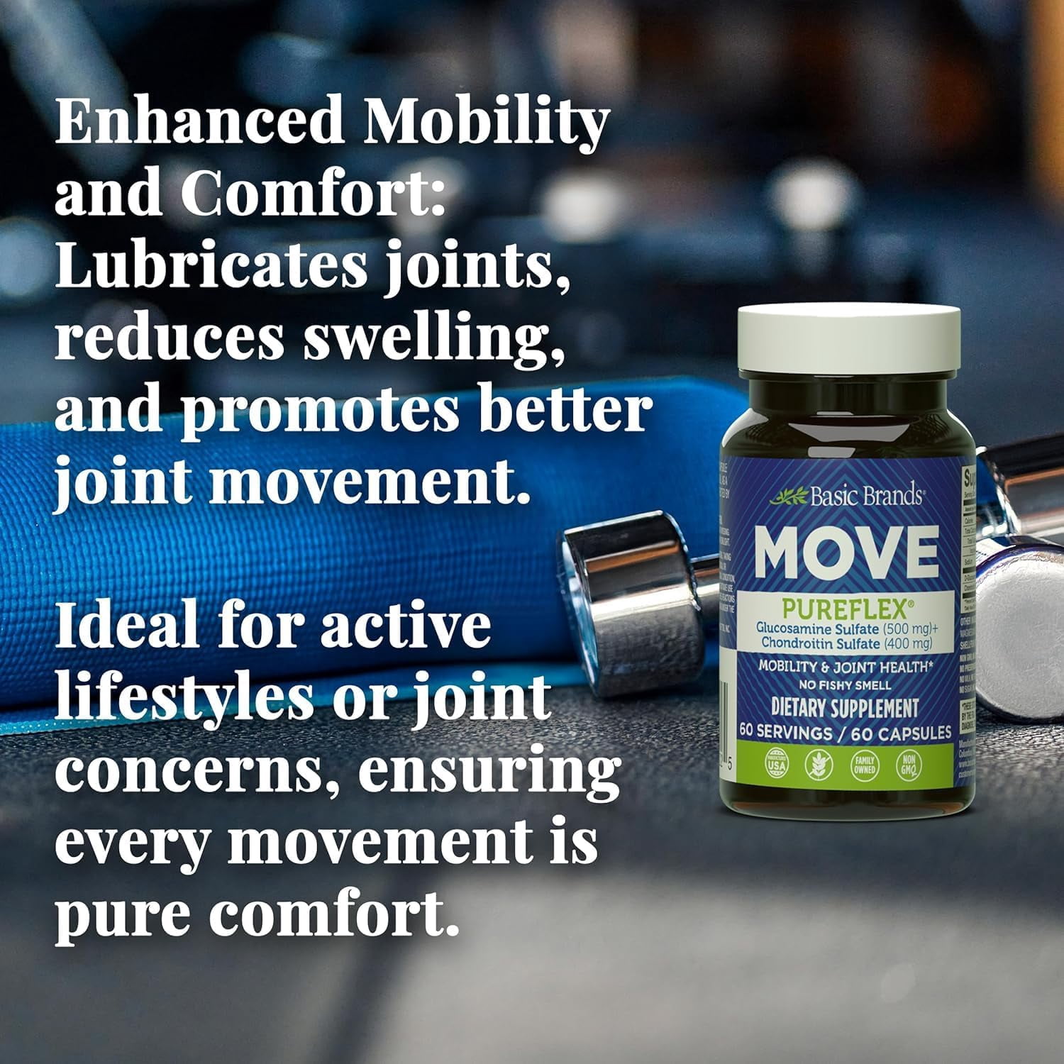 Basic Brands MOVE Pureflex Glucosamine Sulfate & Chondroitin Sulfate, Joint Health, 60 Count, 2Pack