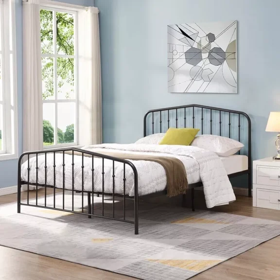 Vintage Metal Platform Bed Frame, Full Size Bed, Retro Bedroom Furniture, Black