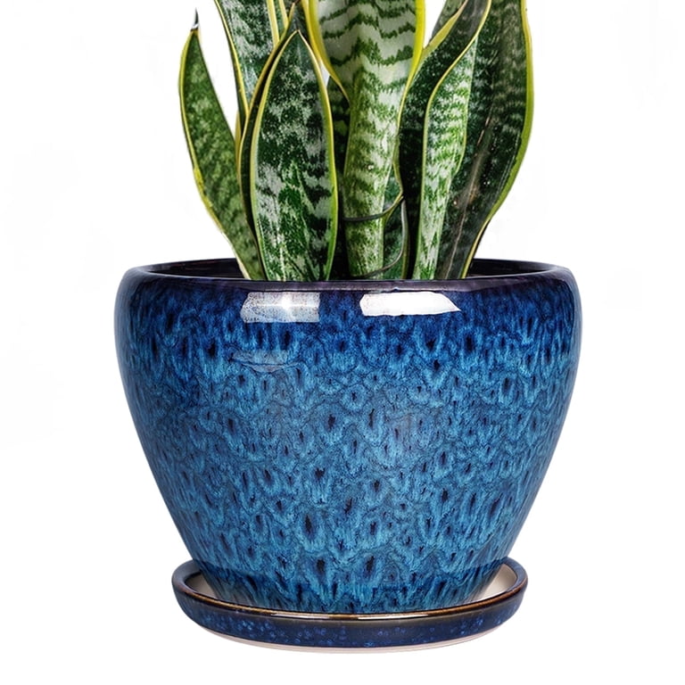 Ceramic Planter with Saucer in Peacock Blue Reactive Glaze photo 1