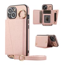 Wallet Case for iPhone 15 Crossbody with Lanyard, PU Leather Folio Purse Cover with Card Holder, Case with Lens Protective Film, Shockproof Ring Buckle Case for iPhone 15, Rosegold