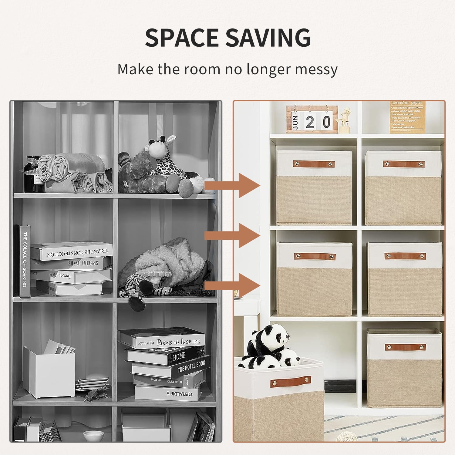 ENLOY Fabric Cube Storage Organizer Bins, 13x13 inch - 4 Pack Foldable Storage Cube Bins for Shelves, Large Capacity Storage Boxes with Leather Handle