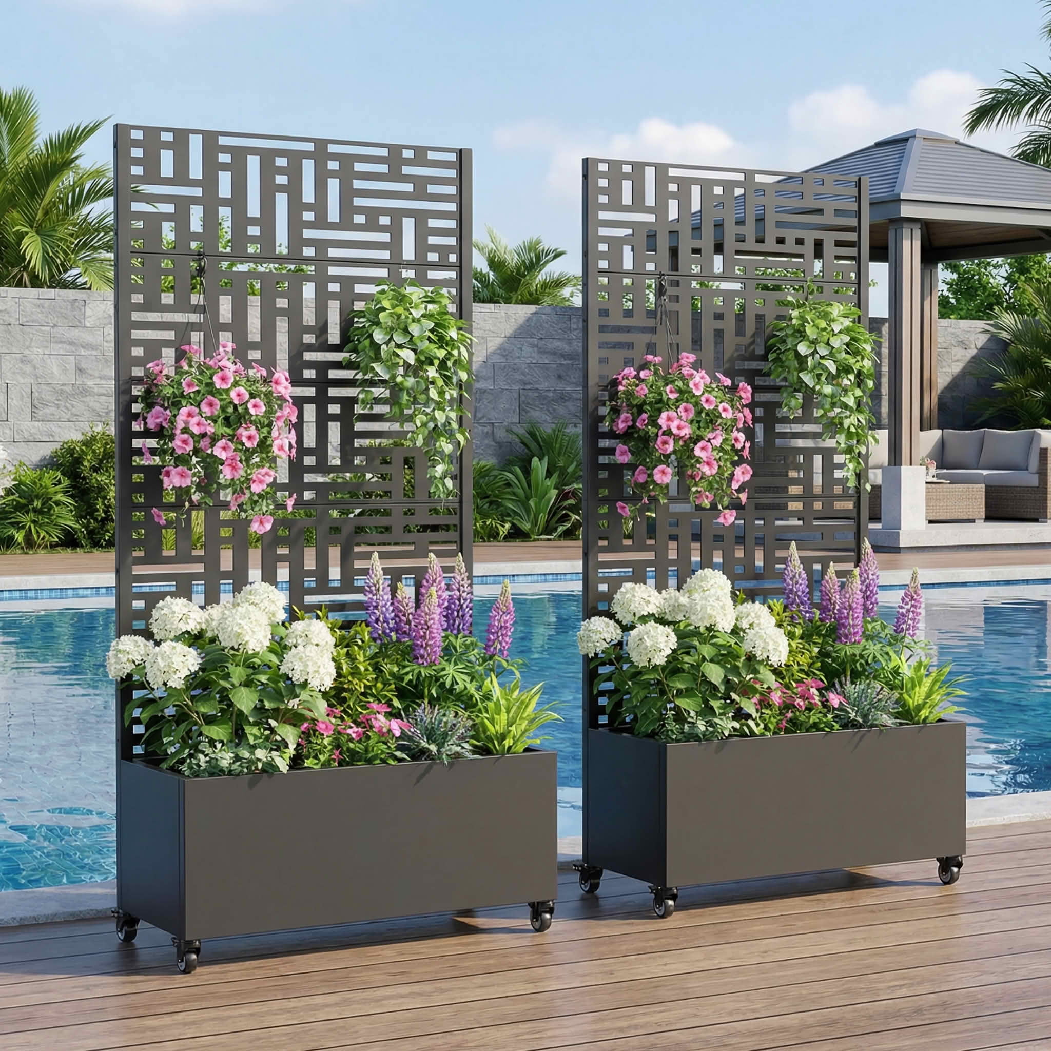 MAYEERTY 72x35x16 Inch Black Metal Double-sided Rectangular Planter Box with Trellis for Street, 5 Piece Set