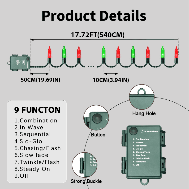3 Pack 50 LED Outdoor Christmas Lights, 16 FT Mini String Light with 9 Modes & 6 Hour Timer, Waterproof Battery Operated for Indoor Outdoor Patio Garden Party Tree Decoration, Red Green
