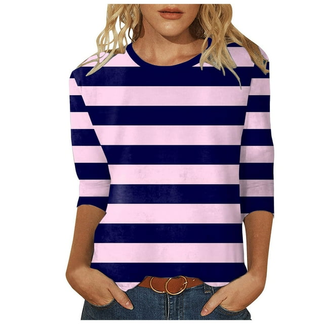 WEIYLL Womens T-Shirts Mid Length 3/4 Sleeve Striped Crew Neck Tunic Dark Blue Tops Sizes S