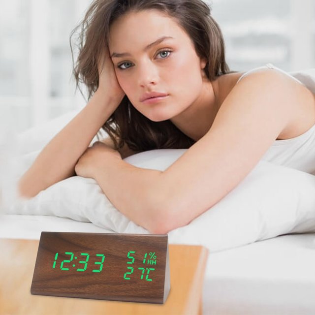 WIFKLSIIPG New Temperature and Humidity Multifunctional Silent Alarm Clock LED Wooden Clock Student Electronic Clock Bedside Desk Multifunctional Alarm Clock White Letter Model