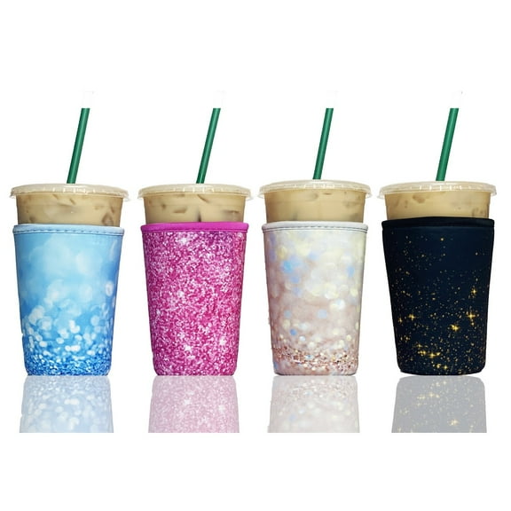 4-Pack Medium (22-24oz) Reusable Neoprene Insulator Sleeve for Iced Coffee or Cold Beverage Cups (Glitter Mix #2)