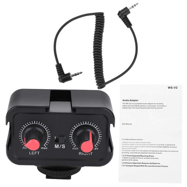 Mezclador de Audio de Micrófono,Mezclador de Adaptador de Audio de Micrófono Universal de 2 Canales con Entradas de 3,5mm, Cable de Conexión y Tres Zapatas de Montaje para Cámaras y Videocámaras DSLR EOTVIA NO