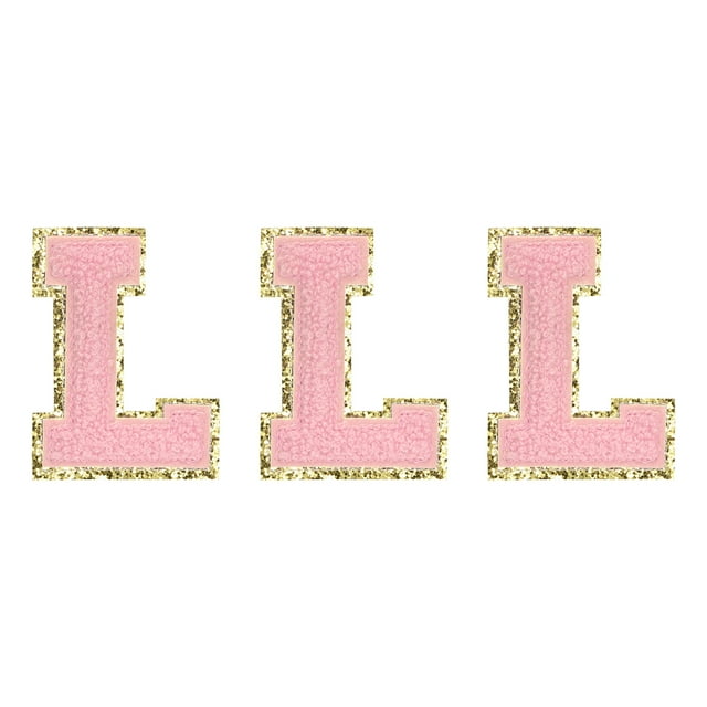 Carteles de letras de chenilla L parches de gran tamaño 82mm/3.23 pulgadas con brillo dorado para ropa, zapatos, gorras 3PCS (rosa)