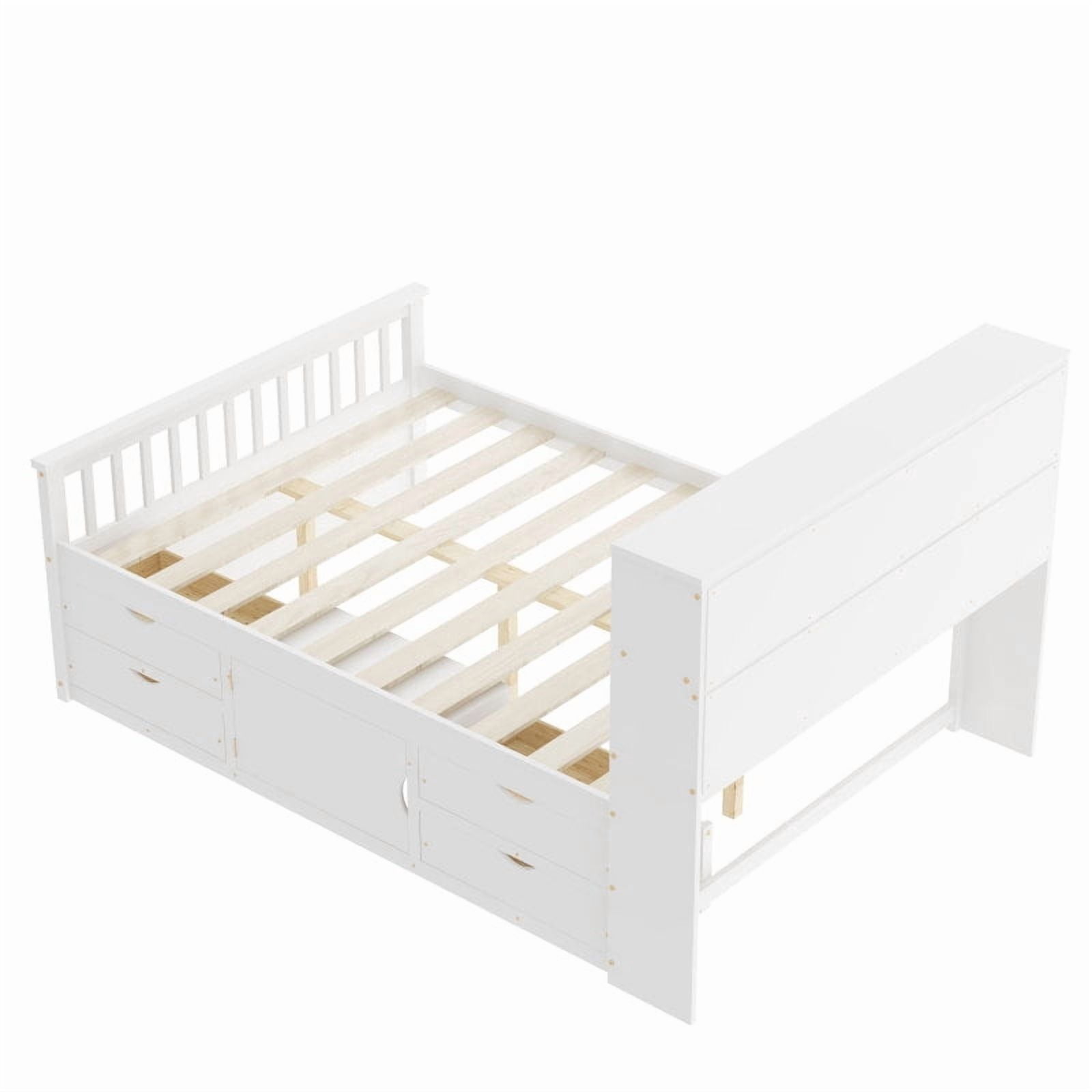 [Luckynote]Full Size Captain Platform Bed Frame with Storage Bookcases and Shelves,Four Drawers,White