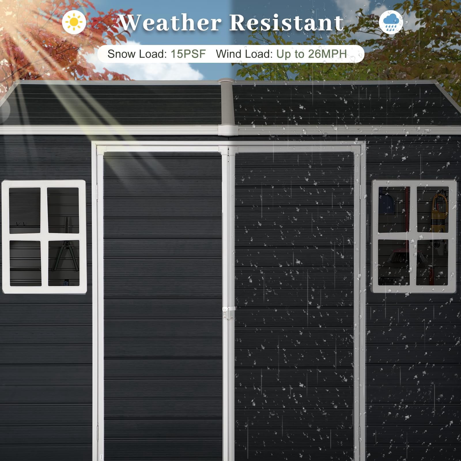 8x4 FT Resin Shed with Floor Included, Plastic Sheds & Outdoor Storage Clearance with 2 Windows and Lockable Door for Backyard, Bike, Garden Tools (Black)