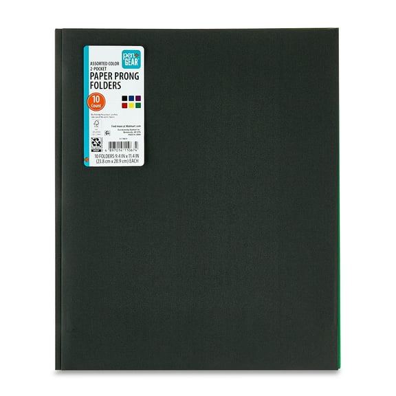 Pen+Gear 3-Prong 2-Pocket Paper Folders, 9.4" x 11.4", Assorted Colors, 10 Count
