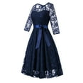 thumbnail image 3 of Brglopf Women's Vintage Formal Cocktail Party Dresses Crew Neck Floral Embroidery Sheer Mesh Long Sleeve Dress for Wedding Guest A-line Swing Midi Dress Navy Blue M, 3 of 7