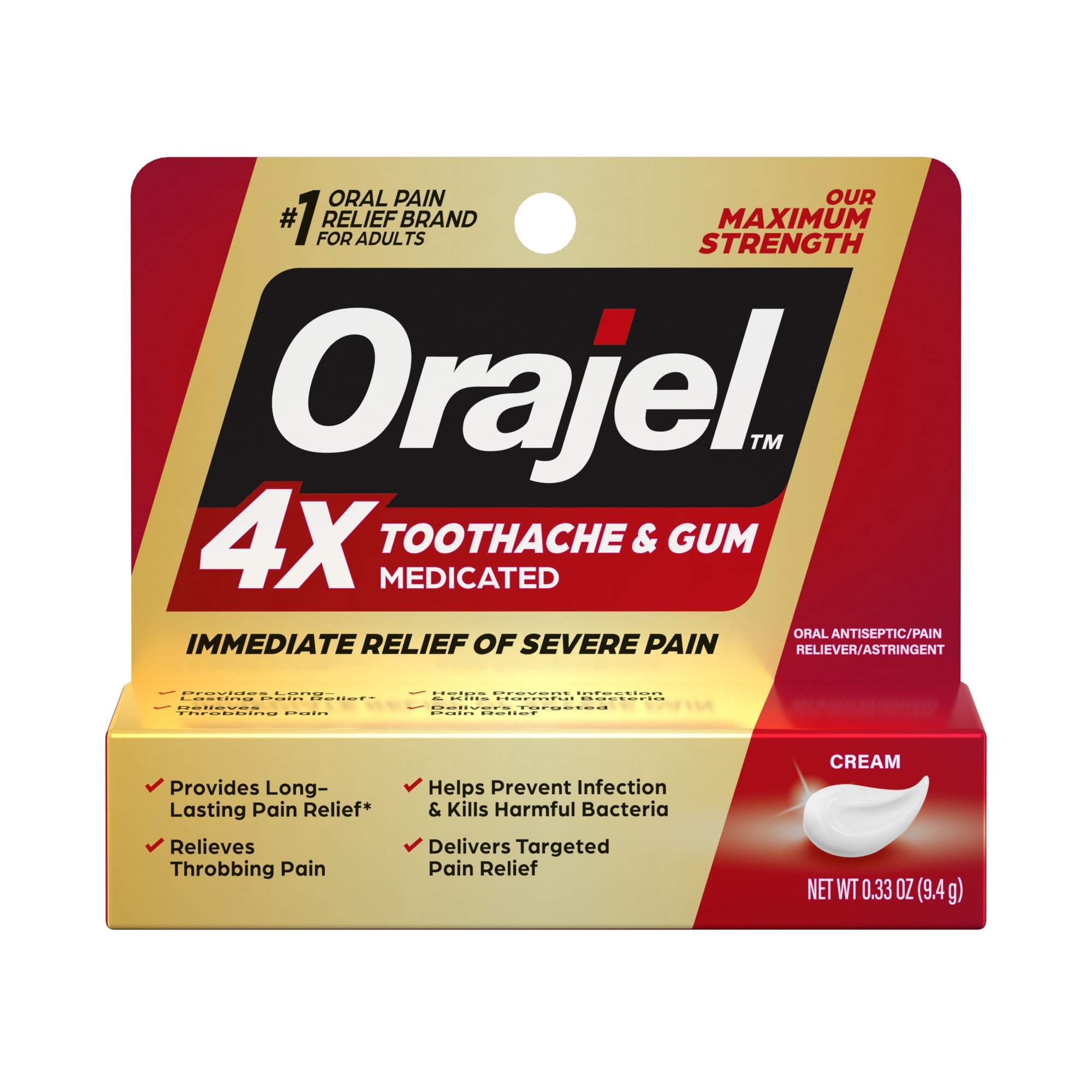 Orajel 4X for Toothache & Gum Pain, Severe Cream Tube 0.33 oz, from #1 Oral Pain Relief Brand