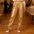 thumbnail image 4 of Mifsaly Shiny Metallic Holographic Joggers Women Cuffed Ankles High Waist Jogger Party Dance Night Out Clubwear with Pockets L, 4 of 7