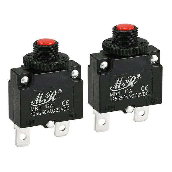 Thermal Circuit Breakers 12A 125/250V AC 32V DC Push Button Manual Reset Overload Protectors Switch 2 Pcs