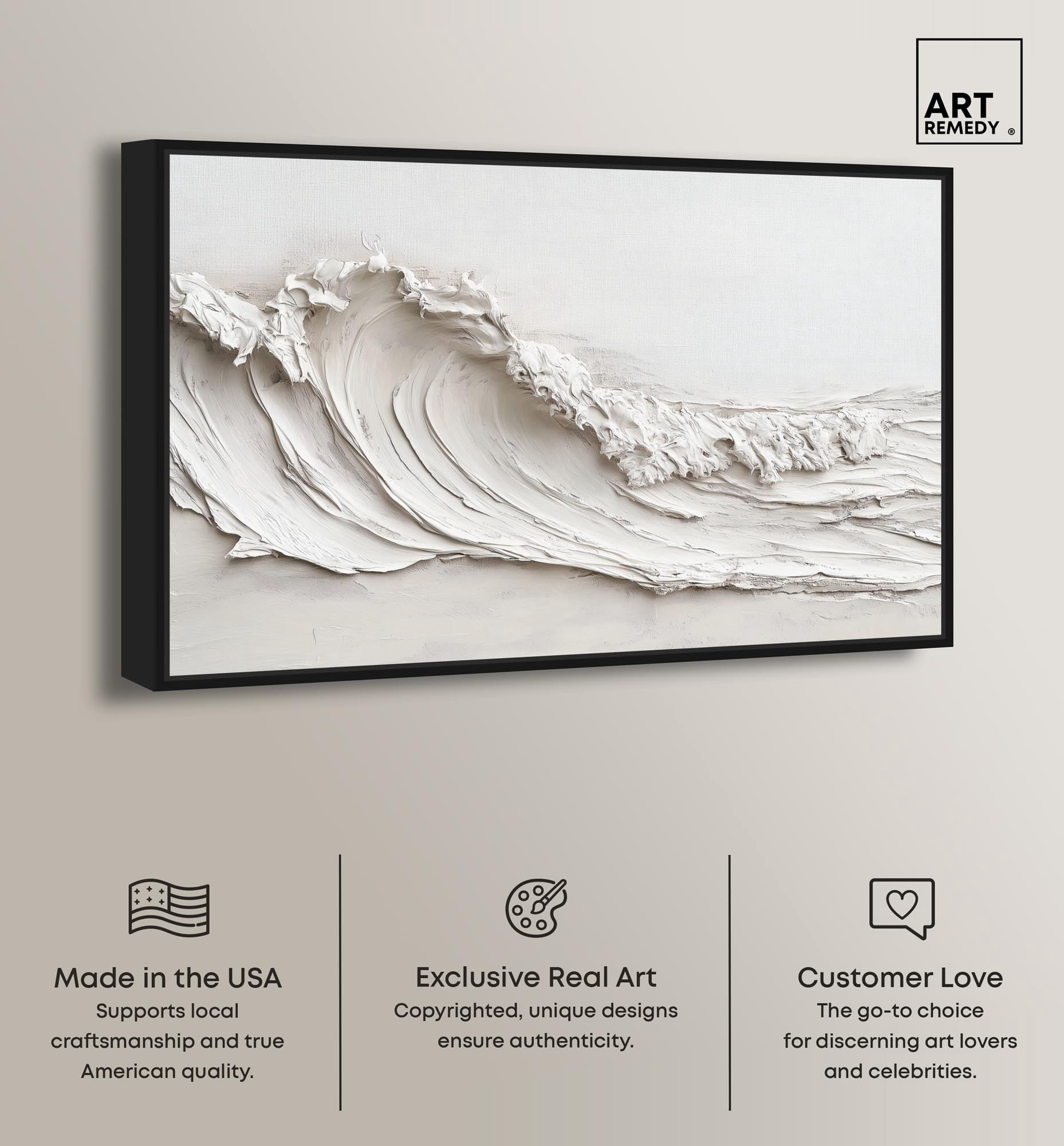 Wave on White Canvas Neutral Boho by Art Remedy, Black Frame, 54 x 36