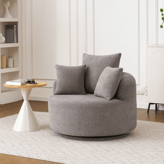 360° Swivel Chair Accent Barrel Chair Swivel Round Upholstered Sofa Chair with 3 Removable Pillows for Living Room, Bedroom, Office and Hotel, High-Resilience Sponge,Grey