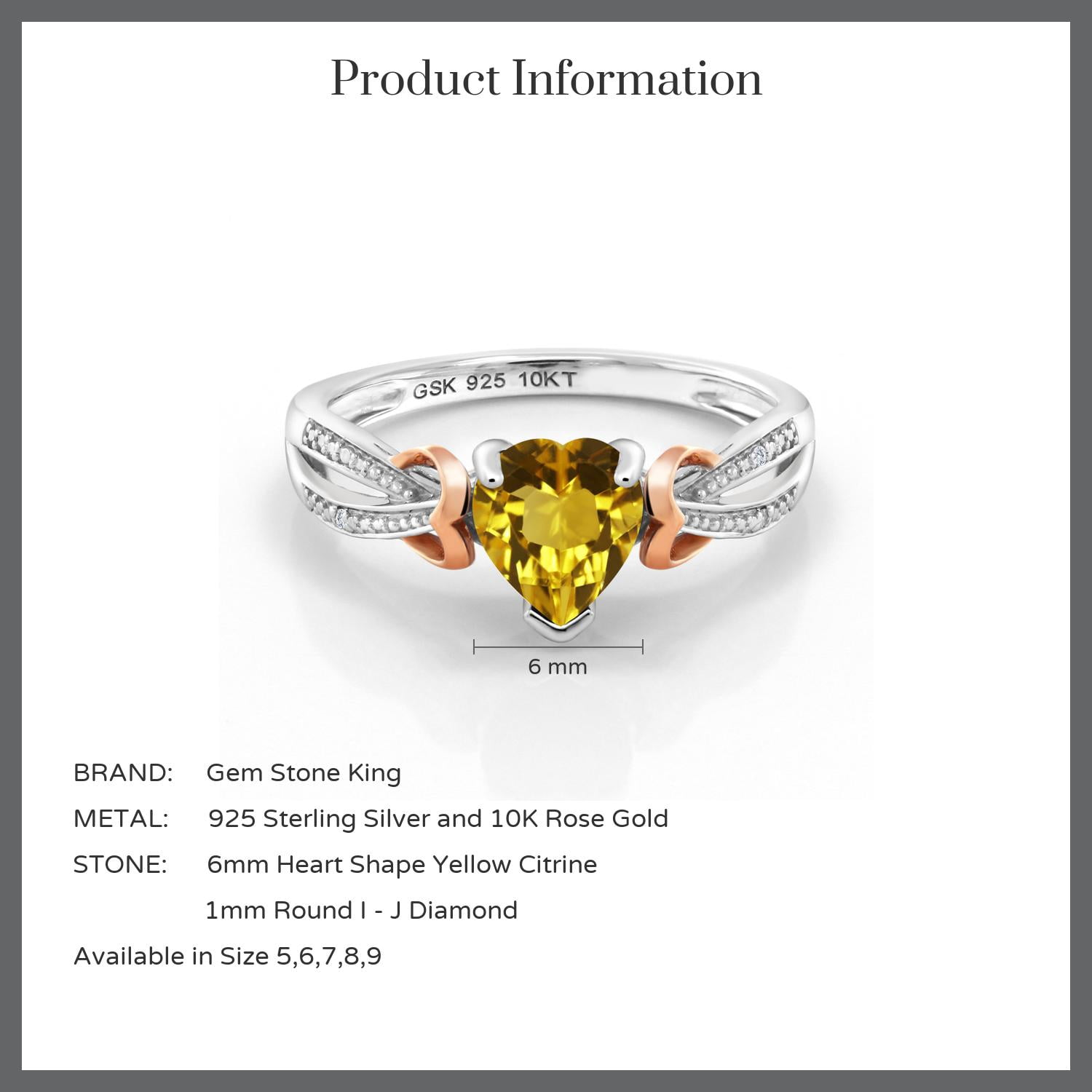 Gem Stone King 0.71 Ct Heart Shape Yellow Citrine in 925 Silver and 10K Rose Gold Diamond Ring