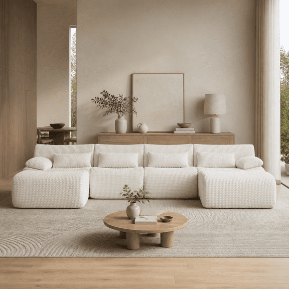 Sectional Couch for Living Room, Cream Corduroy U-Shape Convertible Sofa with Ottoman, 6-Seat, No Assembly Required