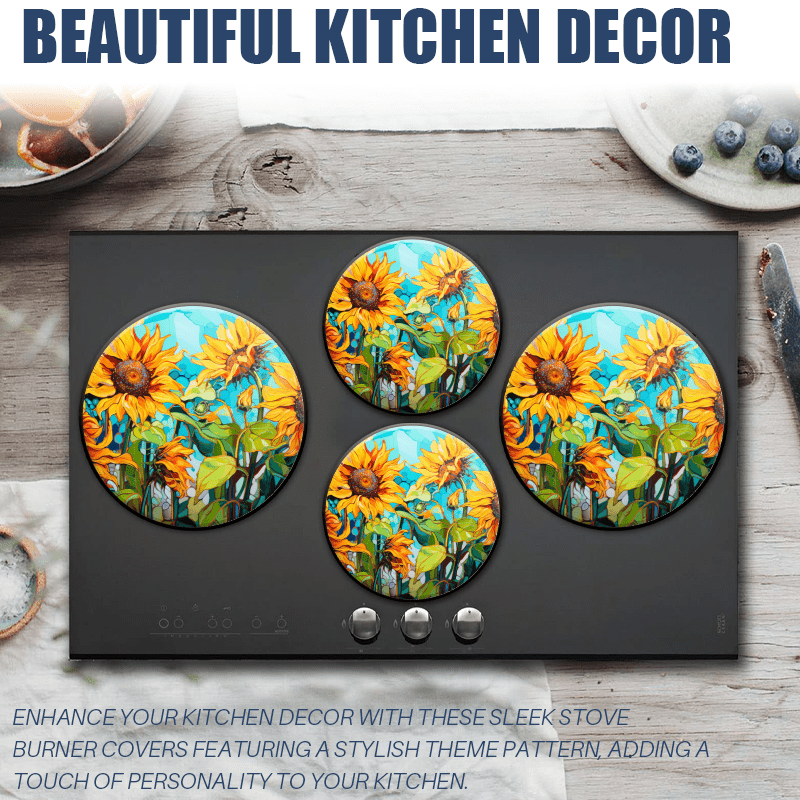 BaHomeck Electric Stove Burner Covers Set of 4,Round Metal Gas Stove Burner Covers 8 Inch and 10 Inch,Kitchen Decor,Sunflowers In The Style Of Stained Glass