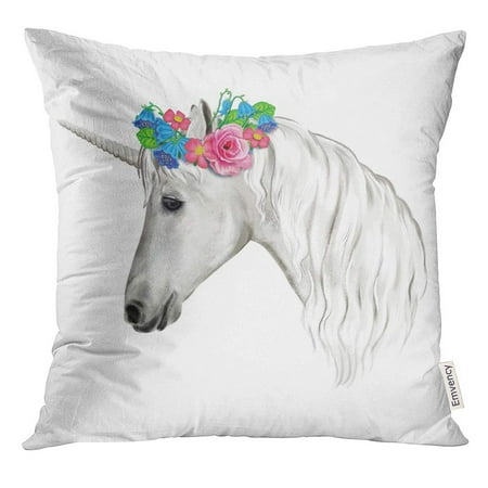 ARHOME Blue Graphic Unicorn with Wreath of Flowers White Horse Watercolor Digital Clip Colorful Animal Pillow Case 18x18 Inches