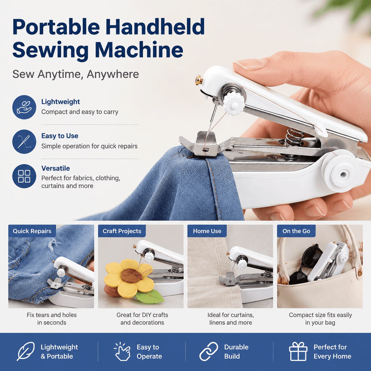 White Spring come Handheld Mini Sewing Machine, Portable Manual Pocket Stitch Tool, Compact Lightweight Sewing Device for Clothing Repair, Home DIY Crafts, Travel Emergency Fabric Mending