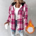 thumbnail image 2 of Women's Plaid Shacket Lightweight Fleece Lined Hooded Jacket Long Sleeve Button Up Winter Coat with Pockets, 2 of 6