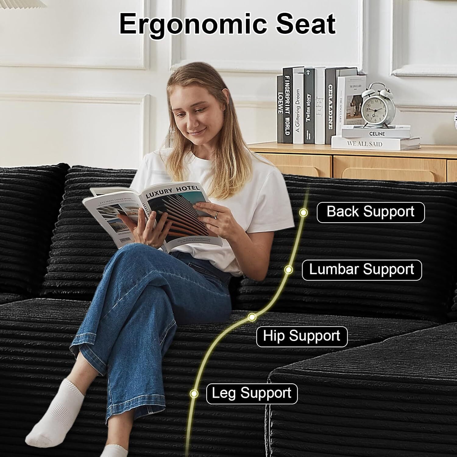 Vinform 134" Cloud Couch Modular Sectional Sofa, 5 Seat U Shaped Convertible Couch Corduroy Thick Cushion with Side Pockets and Toss Pillows for Living Room, Black