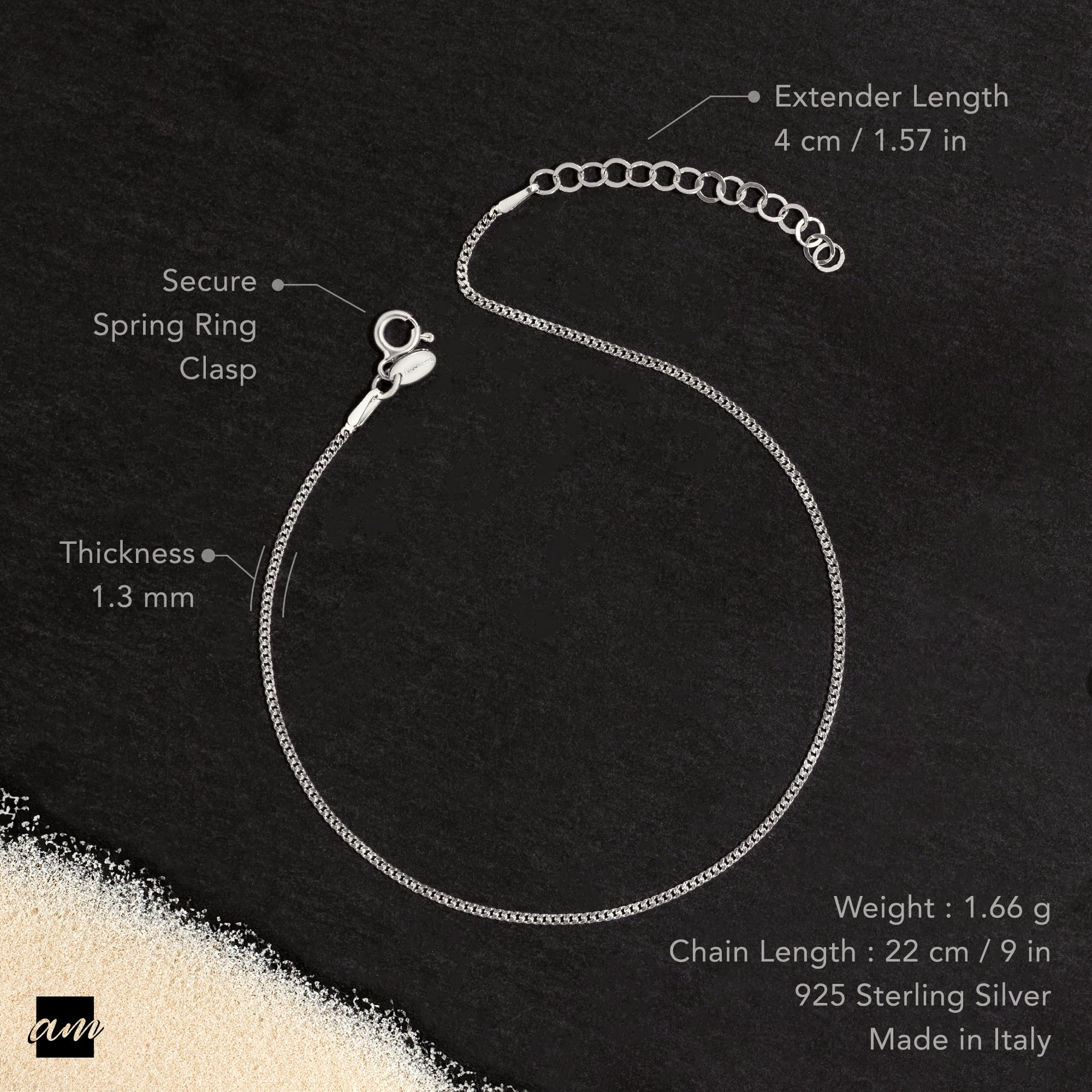 Amberta 925 Fine Sterling Silver 1.5 mm Adjustable Anklet - Curb Chain Ankle Bracelet - 9" to 10" inch - Flexible Fit